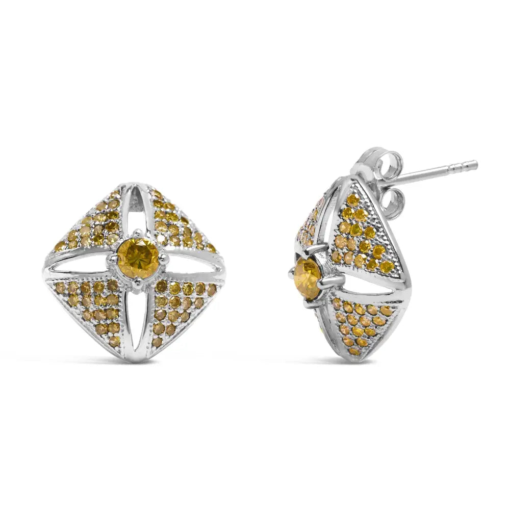 .925 Sterling Silver 1.0 Cttw Yellow Diamond Studded Rhombus Stud Earring (yellow Color I2-i3 Clarity) - Fine Jewelry