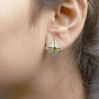 .925 Sterling Silver 1.0 Cttw Yellow Diamond Studded Rhombus Stud Earring (yellow Color I2-i3 Clarity) - Fine Jewelry