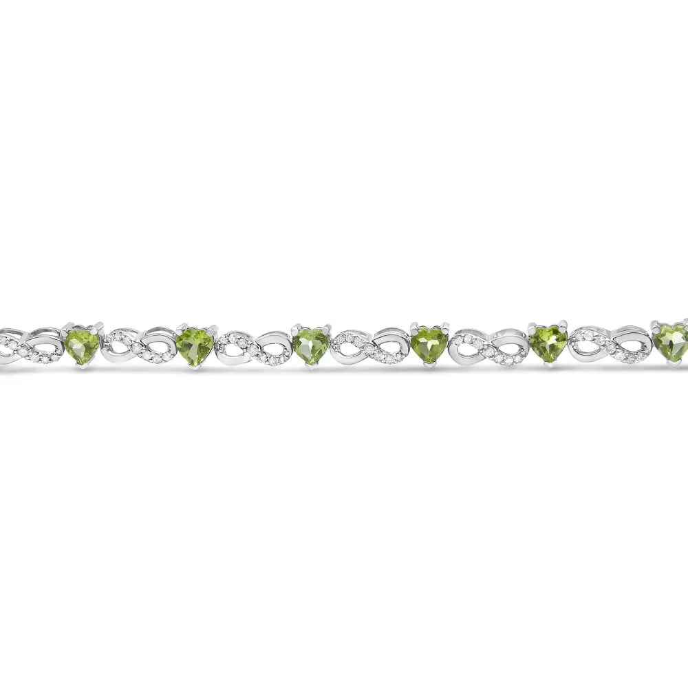 .925 Sterling Silver 1.00 Cttw Diamond and 4.00mm Lab Created Green Heart-shaped Peridot Infinity Link Bracelet (i-j