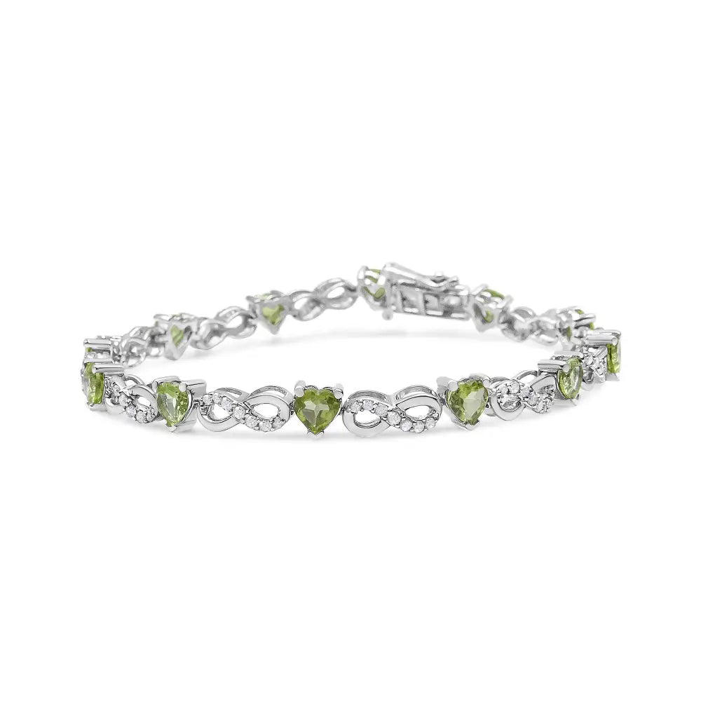 .925 Sterling Silver 1.00 Cttw Diamond and 4.00mm Lab Created Green Heart-shaped Peridot Infinity Link Bracelet (i-j