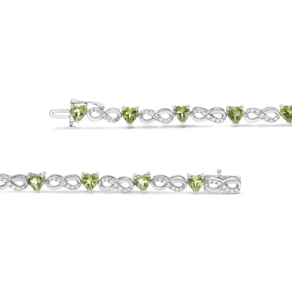 .925 Sterling Silver 1.00 Cttw Diamond and 4.00mm Lab Created Green Heart-shaped Peridot Infinity Link Bracelet (i-j