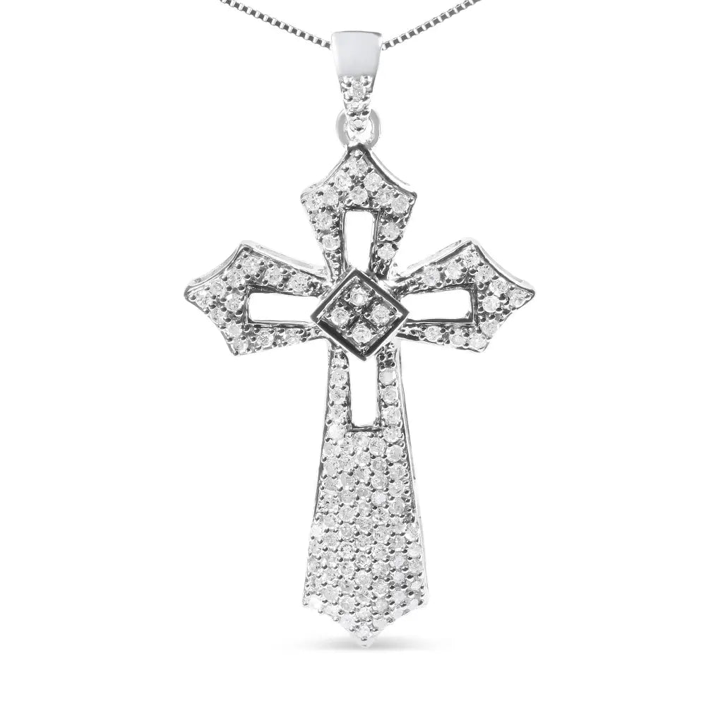 .925 Sterling Silver 1.00 Cttw Diamond Fleur De Lis Cross 18’’ Pendant Necklace (h-i Color I2-i3 Clarity) - Fine