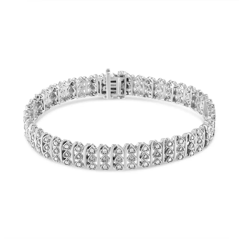 .925 Sterling Silver 1.00 Cttw Diamond Multi Row Heart Link Bracelet (h-i Color I1-i2 Clarity) - 7.25’’ Inches