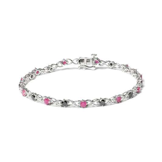 .925 Sterling Silver 1.00 Cttw Treated Black Diamond with 3.00mm Lab Created Pink Ruby 7.25’’ X-link Bracelet