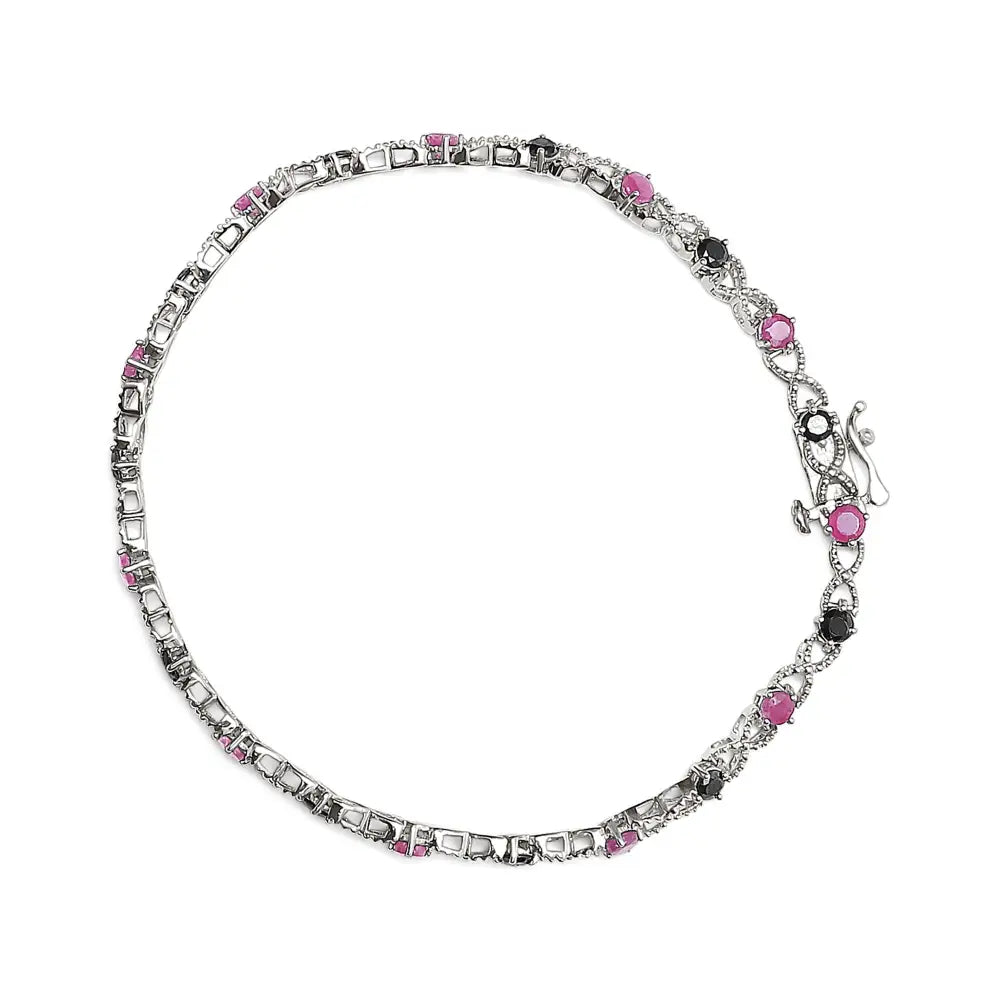 .925 Sterling Silver 1.00 Cttw Treated Black Diamond with 3.00mm Lab Created Pink Ruby 7.25’’ X-link Bracelet