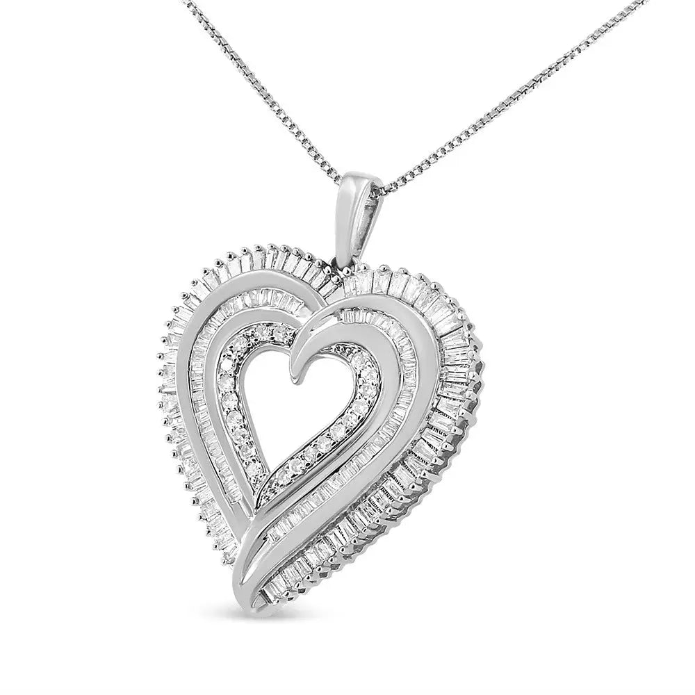 .925 Sterling Silver 1 1/2 Cttw Baguette Diamond Composite Heart 18’’ Inch Pendant Necklace (i-j Color I1-i2