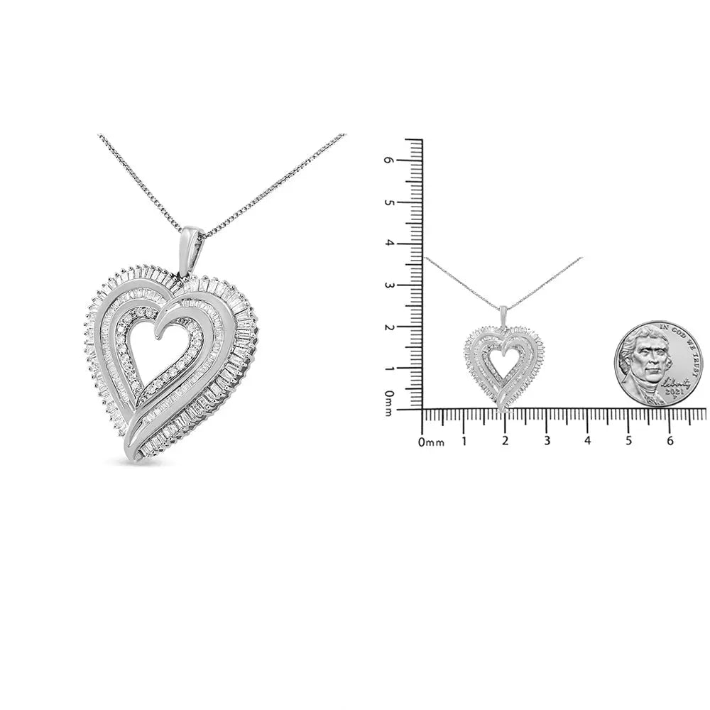 .925 Sterling Silver 1 1/2 Cttw Baguette Diamond Composite Heart 18’’ Inch Pendant Necklace (i-j Color I1-i2