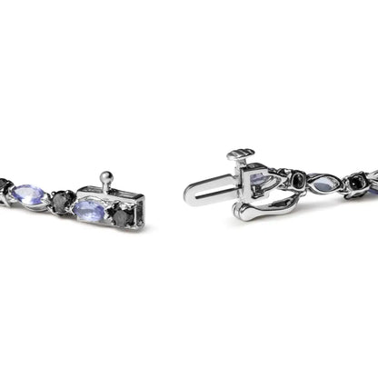 .925 Sterling Silver 1 1/2 Cttw Black Diamond and Blue Tanzanite Link Bracelet (i2-i3 Clarity Color) - Size 7.25’’