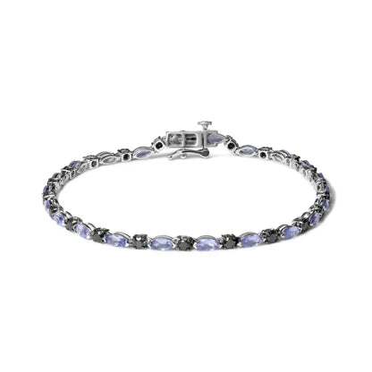 .925 Sterling Silver 1 1/2 Cttw Black Diamond and Blue Tanzanite Link Bracelet (i2-i3 Clarity Color) - Size 7.25’’