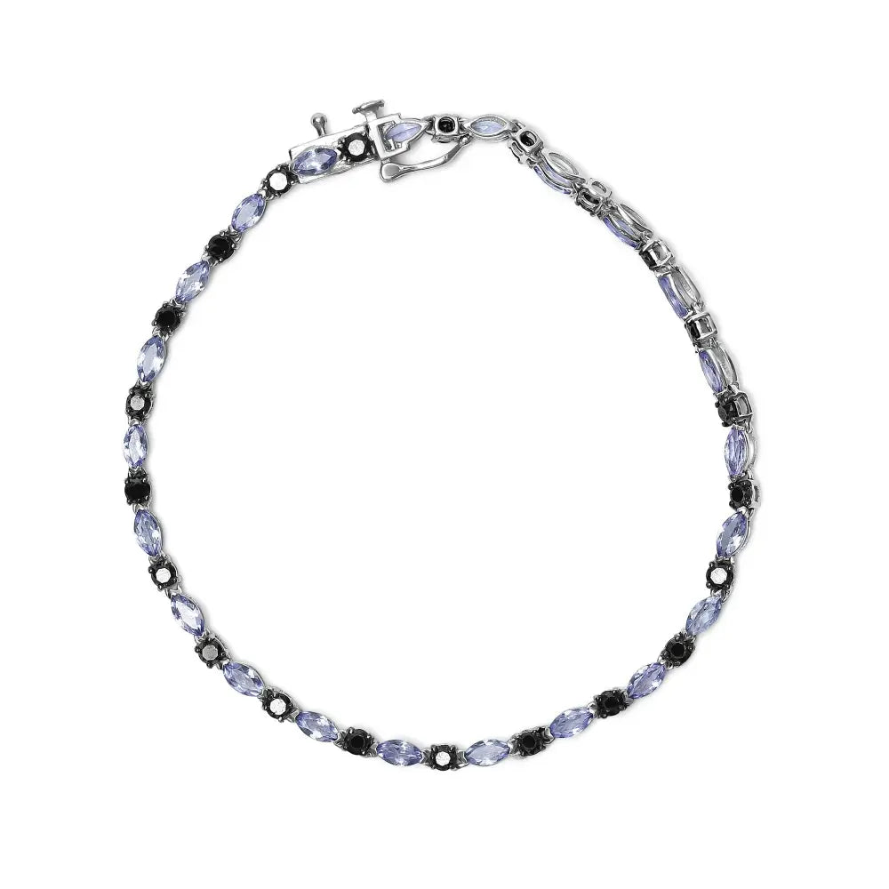 .925 Sterling Silver 1 1/2 Cttw Black Diamond and Blue Tanzanite Link Bracelet (i2-i3 Clarity Color) - Size 7.25’’