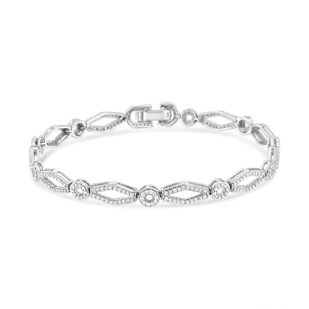 .925 Sterling Silver 1 1/2 Cttw Diamond Studded Alternating Circle and Kite-shaped Vintage-style Link Bracelet (i-j