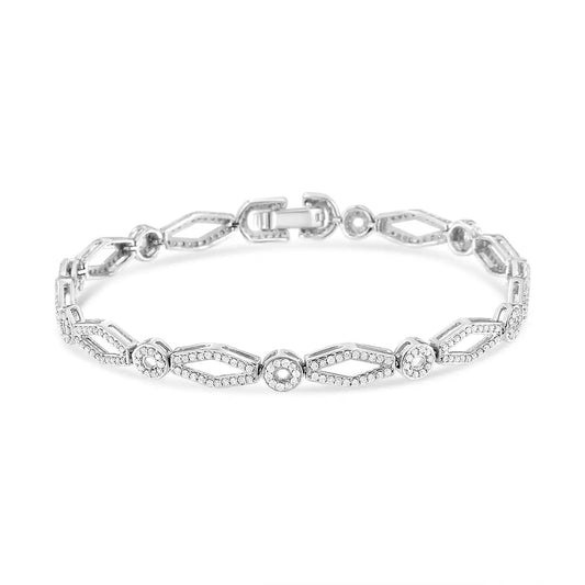 .925 Sterling Silver 1 1/2 Cttw Diamond Studded Alternating Circle and Kite-shaped Vintage-style Link Bracelet (i-j