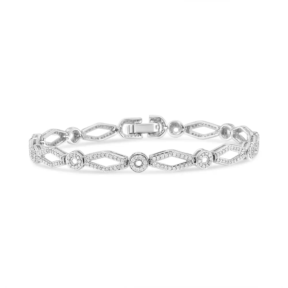 .925 Sterling Silver 1 1/2 Cttw Diamond Studded Alternating Circle and Kite-shaped Vintage-style Link Bracelet (i-j