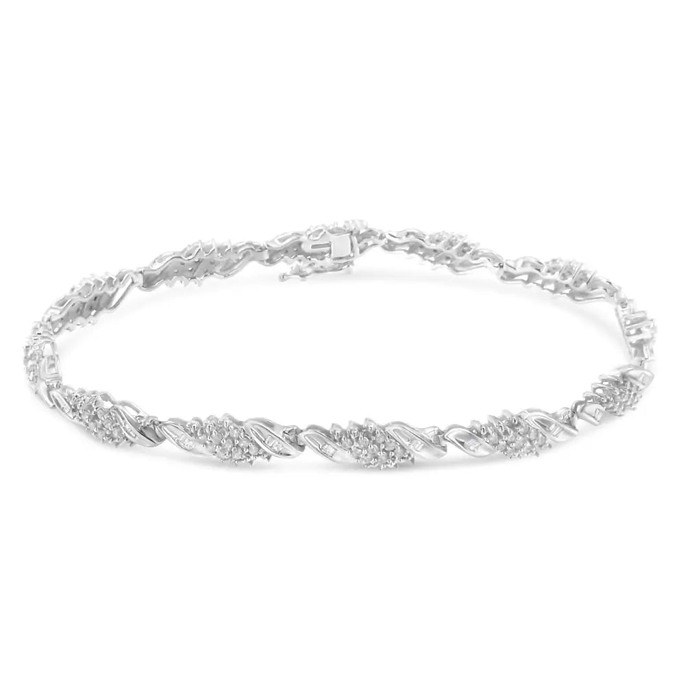 .925 Sterling Silver 1-1/2 Cttw Round and Baguette Cut Diamond Wave Link Bracelet (i-j Color I2-i3 Clarity) - 7’’