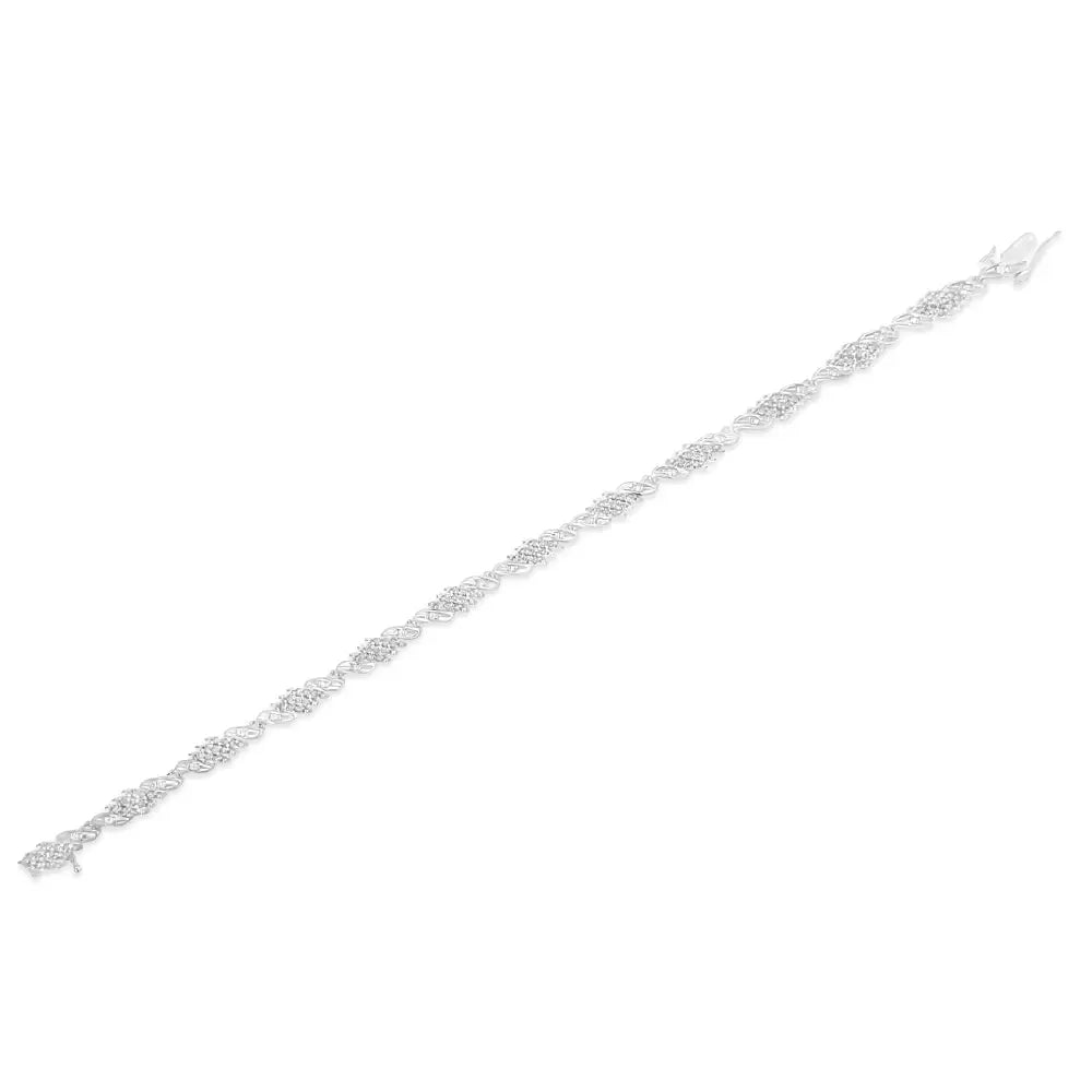 .925 Sterling Silver 1-1/2 Cttw Round and Baguette Cut Diamond Wave Link Bracelet (i-j Color I2-i3 Clarity) - 7’’