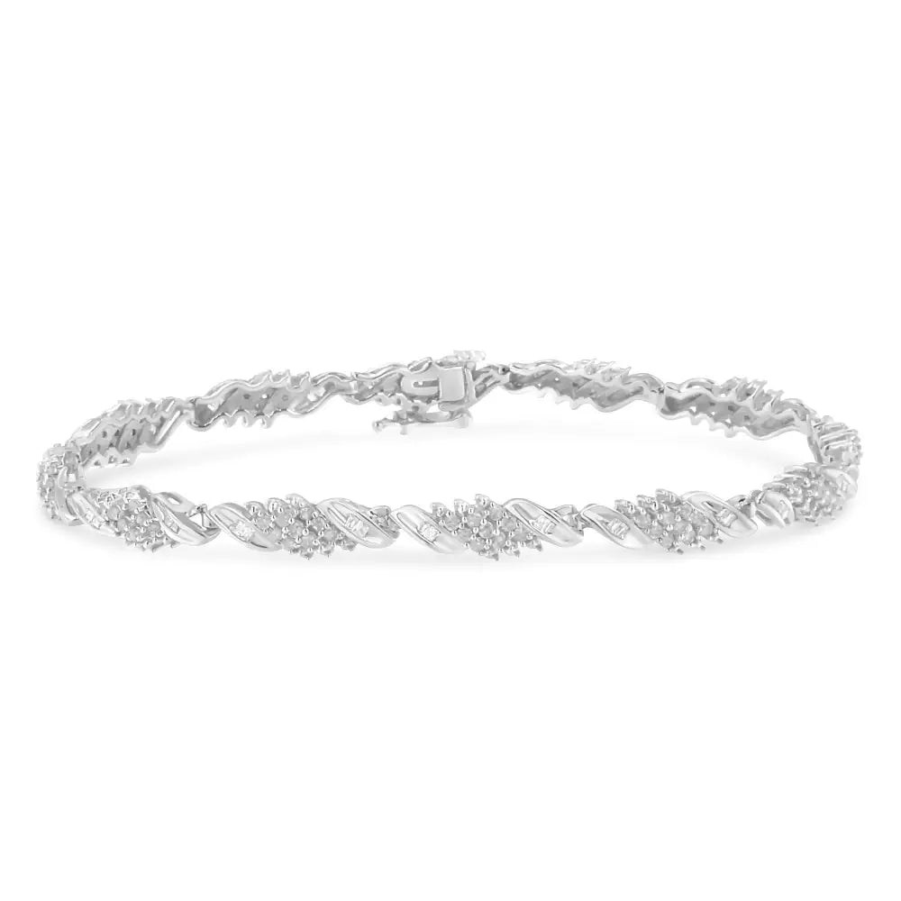 .925 Sterling Silver 1-1/2 Cttw Round and Baguette Cut Diamond Wave Link Bracelet (i-j Color I2-i3 Clarity) - 7’’