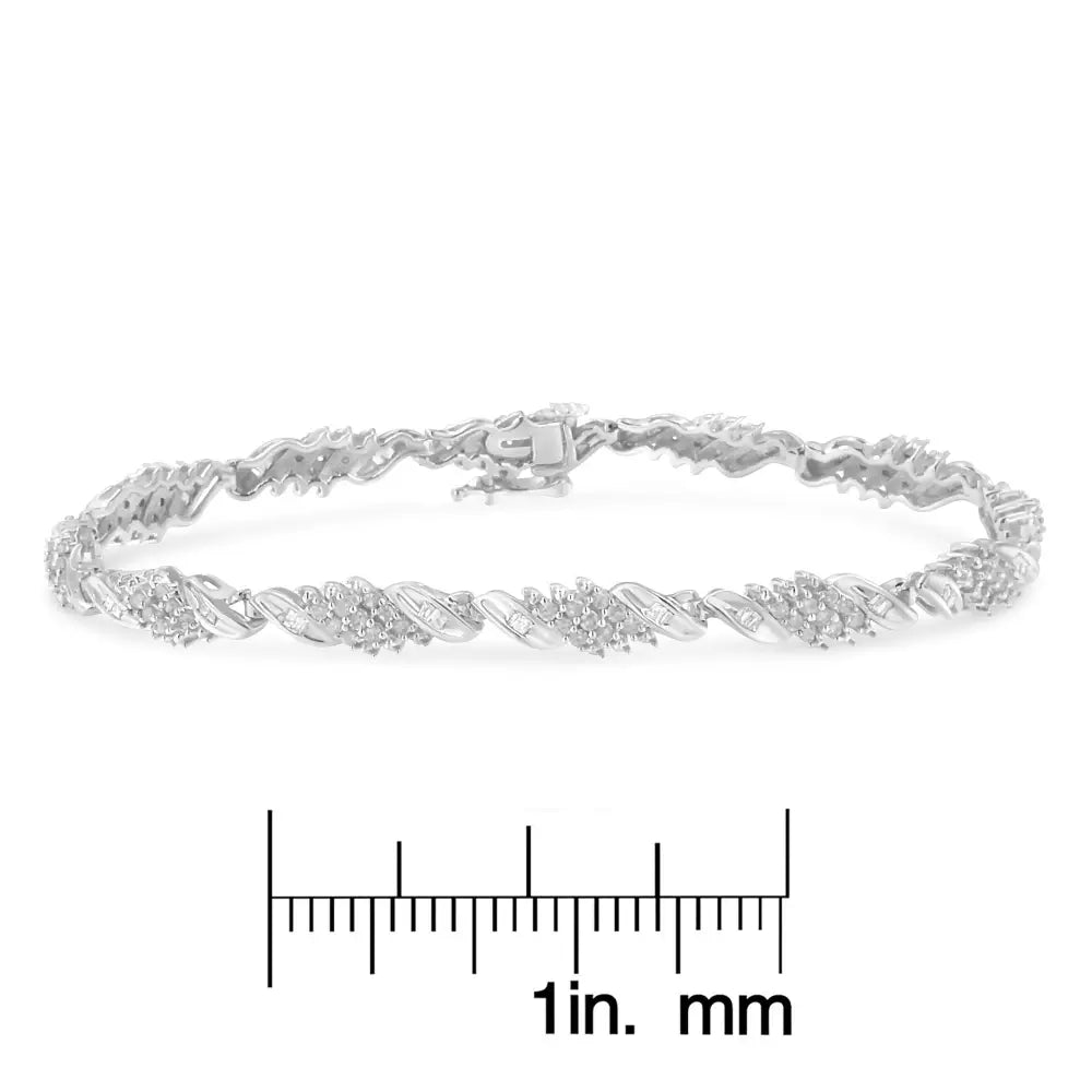 .925 Sterling Silver 1-1/2 Cttw Round and Baguette Cut Diamond Wave Link Bracelet (i-j Color I2-i3 Clarity) - 7’’