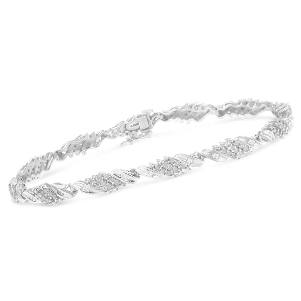 .925 Sterling Silver 1-1/2 Cttw Round and Baguette Cut Diamond Wave Link Bracelet (i-j Color I2-i3 Clarity) - 7’’