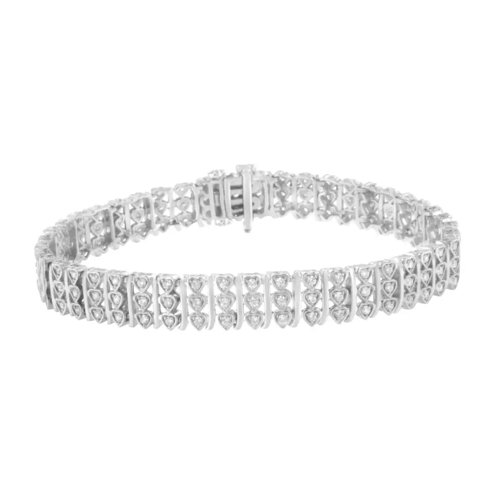 .925 Sterling Silver 1 1/2 Cttw Round Diamond 3 Row Heart Link Bracelet (i-j Color,i3 Clarity) - 7.25 ’ - Fine