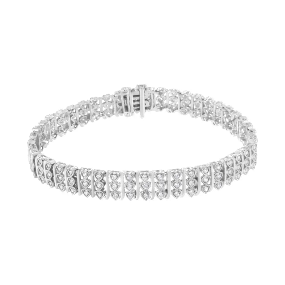 .925 Sterling Silver 1 1/2 Cttw Round Diamond 3 Row Heart Link Bracelet (i-j Color,i3 Clarity) - 7.25 ’ - Fine