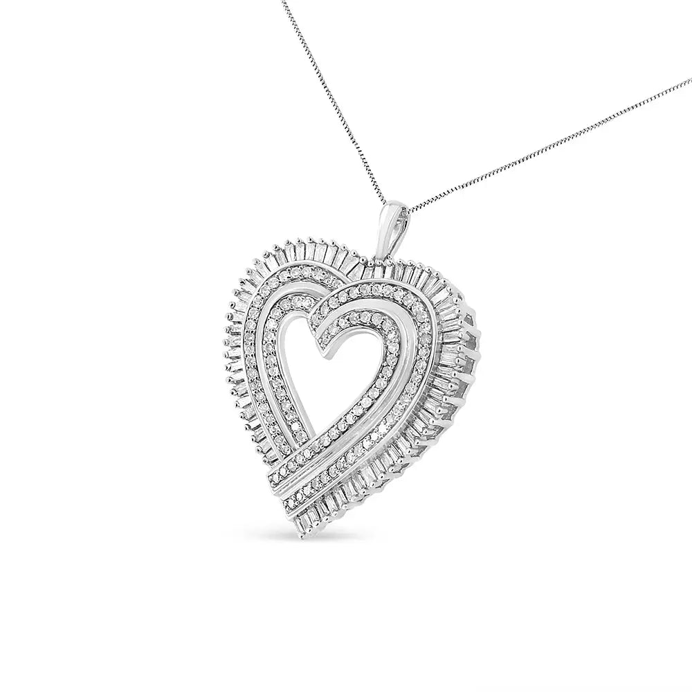 .925 Sterling Silver 1 1/4 Cttw Round and Baguette-cut Diamond Composite Heart 18’’ Pendant Necklace (i-j Color