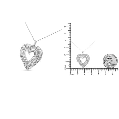 .925 Sterling Silver 1 1/4 Cttw Round and Baguette-cut Diamond Composite Heart 18’’ Pendant Necklace (i-j Color