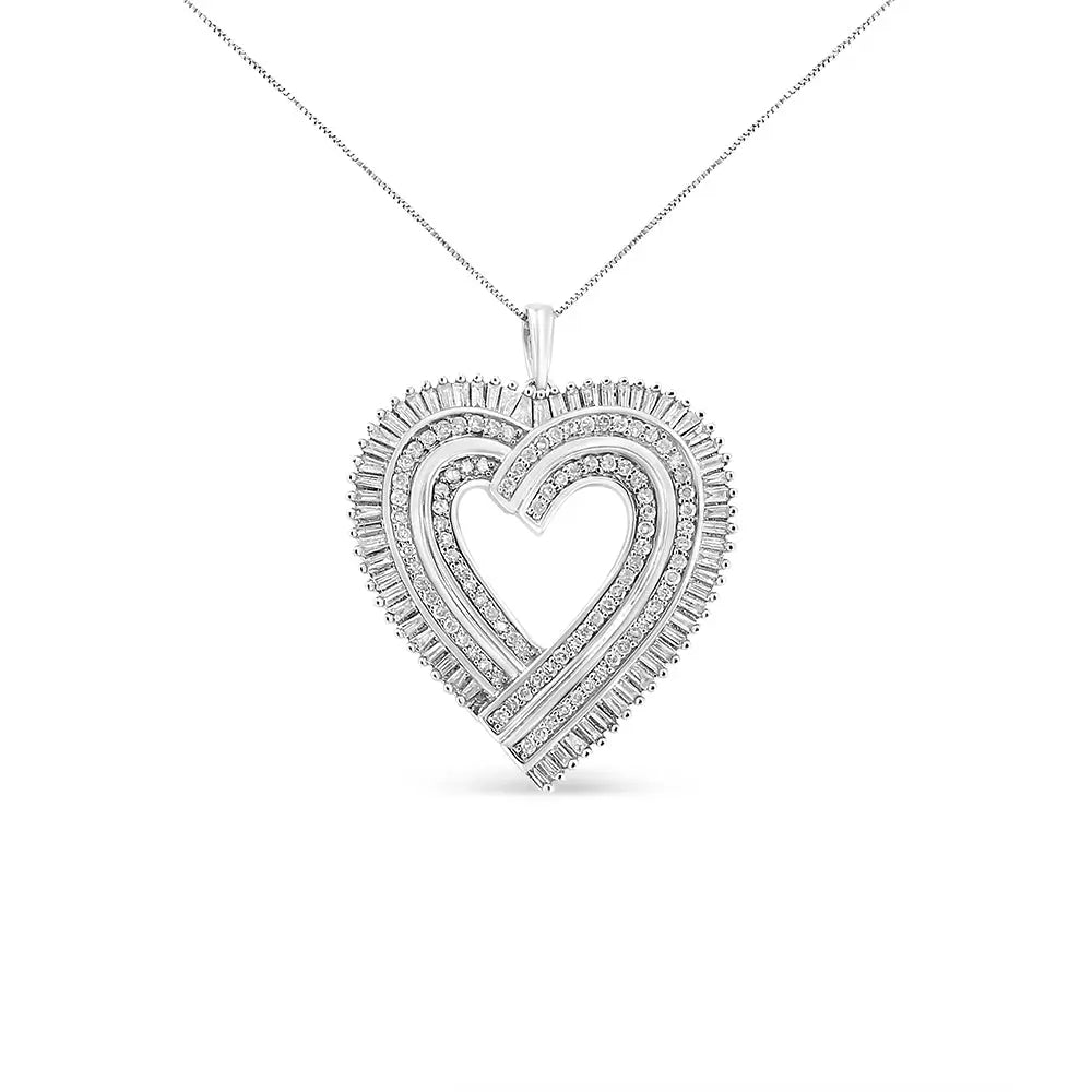 .925 Sterling Silver 1 1/4 Cttw Round and Baguette-cut Diamond Composite Heart 18’’ Pendant Necklace (i-j Color