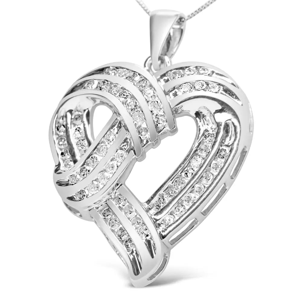 .925 Sterling Silver 1 1/4 Cttw Round Diamond Openwork Ribbon Weave Heart Pendant 18’’ Necklace (i-j Color I3