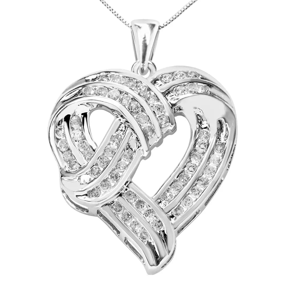 .925 Sterling Silver 1 1/4 Cttw Round Diamond Openwork Ribbon Weave Heart Pendant 18’’ Necklace (i-j Color I3