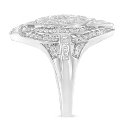 Ornate diamond ring with a multi-tiered, oval-shaped setting on a white gold or platinum band.