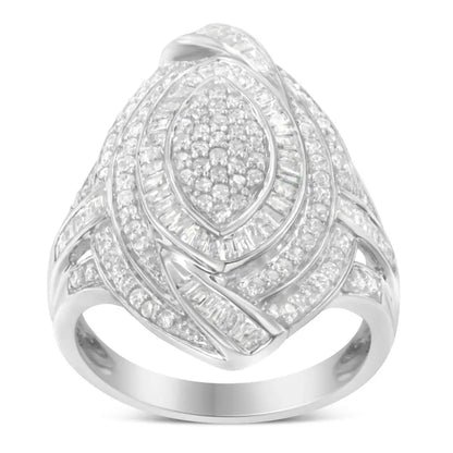 Ornate diamond-encrusted silver ring with a marquise-shaped design.