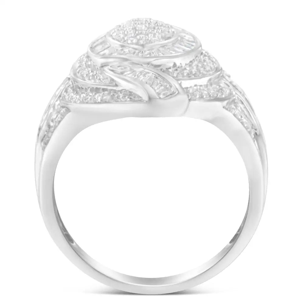 Ornate diamond-encrusted white gold or platinum ring with a circular design.