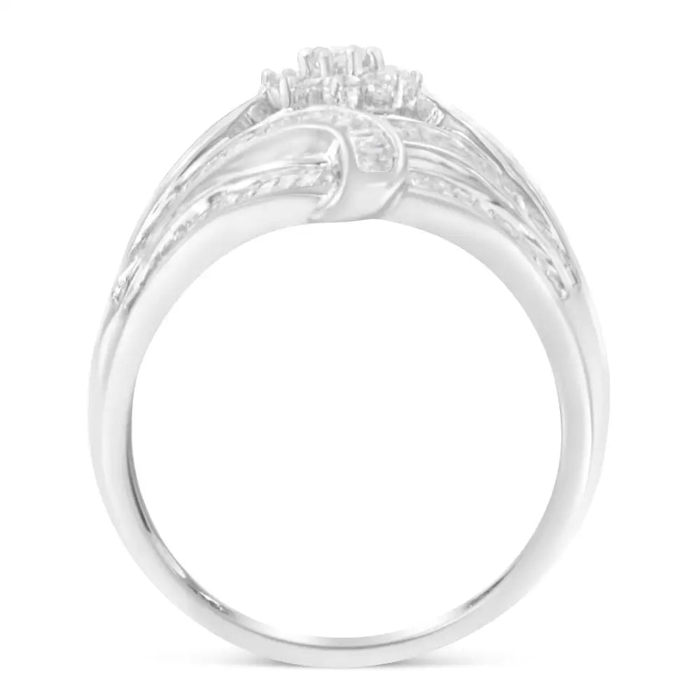 .925 Sterling Silver 1-1/8 Cttw Round & Baguette Diamond Flower Fern’ Cluster Cocktail Fashion Ring (i-j Color I2-i3