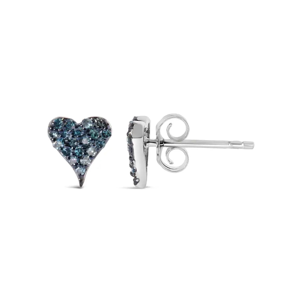 925 Sterling Silver 1/10 Cttw Blue Diamond Heart Shaped Stud Earrings (blue Color I3 Clarity) - Fine Jewelry us Direct