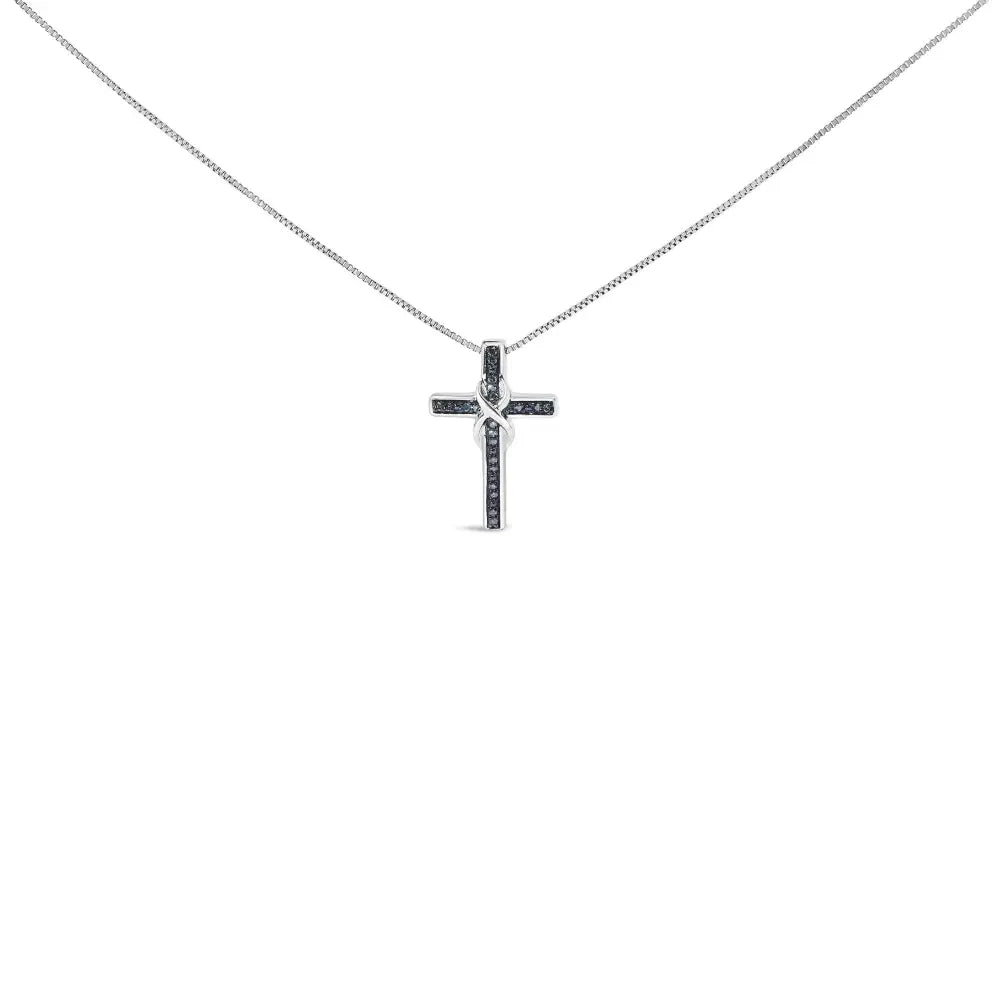 .925 Sterling Silver 1/10 Cttw Blue Diamond Inlaid Cross with Ribbon Pendant Necklace (blue Color I2-i3 Clarity)