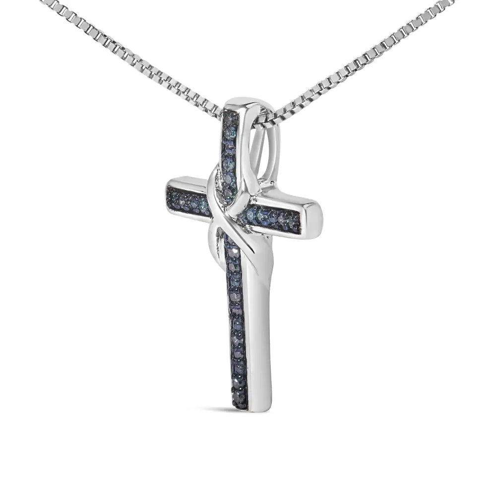 .925 Sterling Silver 1/10 Cttw Blue Diamond Inlaid Cross with Ribbon Pendant Necklace (blue Color I2-i3 Clarity)