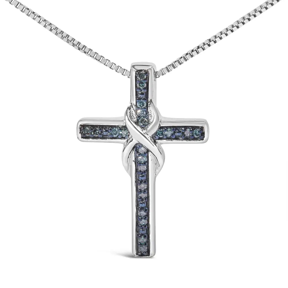 .925 Sterling Silver 1/10 Cttw Blue Diamond Inlaid Cross with Ribbon Pendant Necklace (blue Color I2-i3 Clarity)