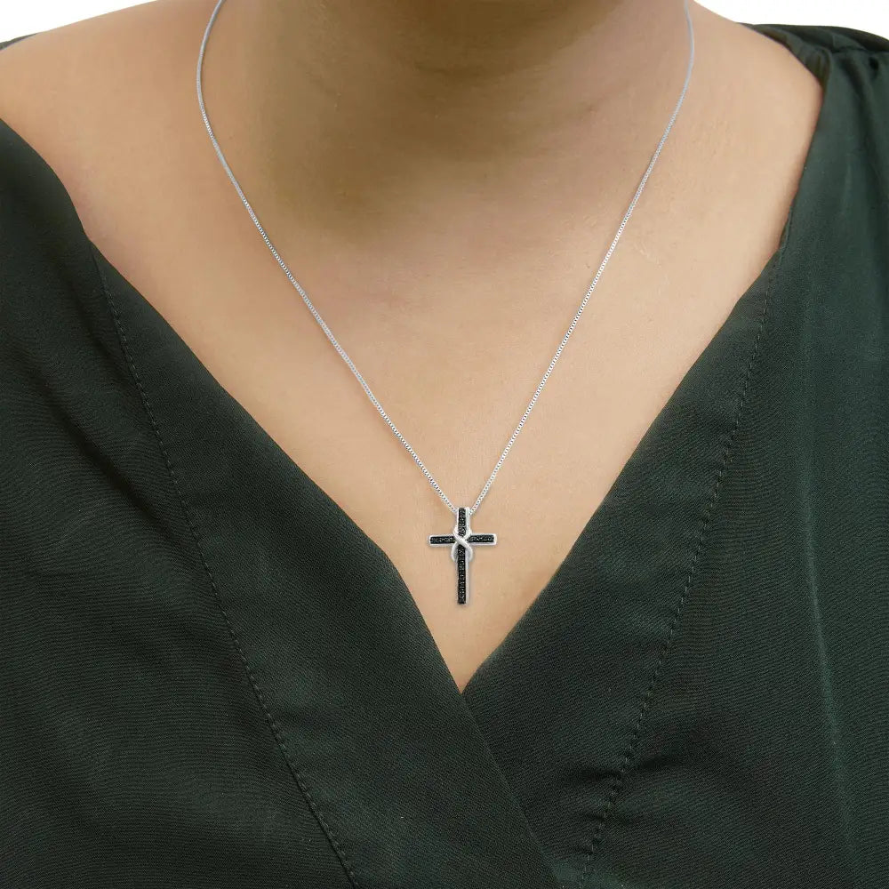 .925 Sterling Silver 1/10 Cttw Blue Diamond Inlaid Cross with Ribbon Pendant Necklace (blue Color I2-i3 Clarity)