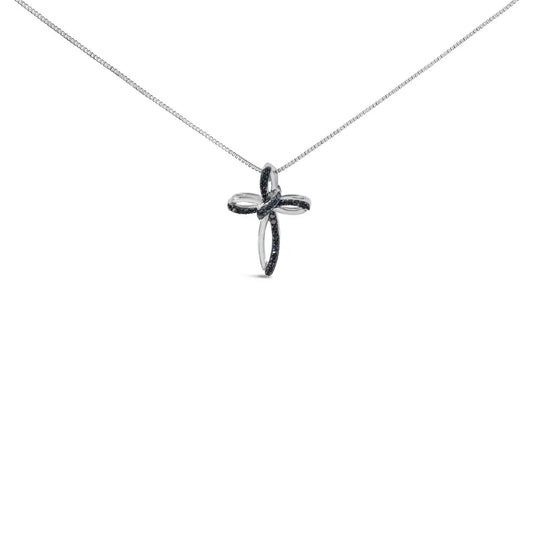 .925 Sterling Silver 1/10 Cttw Blue Diamond Swirl Ribbon and Cross Pendant Necklace (blue Color I3 Clarity) - Fine