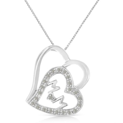 .925 Sterling Silver 1/10 Cttw Diamond Double Heart and Mom 18’’ Pendant Necklace (i-j Color I3 Clarity) - Fine