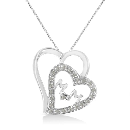 .925 Sterling Silver 1/10 Cttw Diamond Double Heart and Mom 18’’ Pendant Necklace (i-j Color I3 Clarity) - Fine