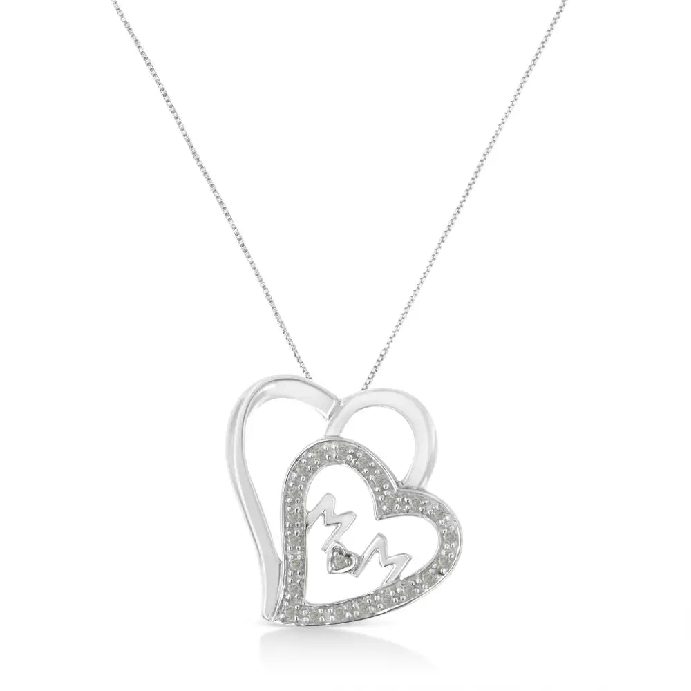 .925 Sterling Silver 1/10 Cttw Diamond Double Heart and Mom 18’’ Pendant Necklace (i-j Color I3 Clarity) - Fine