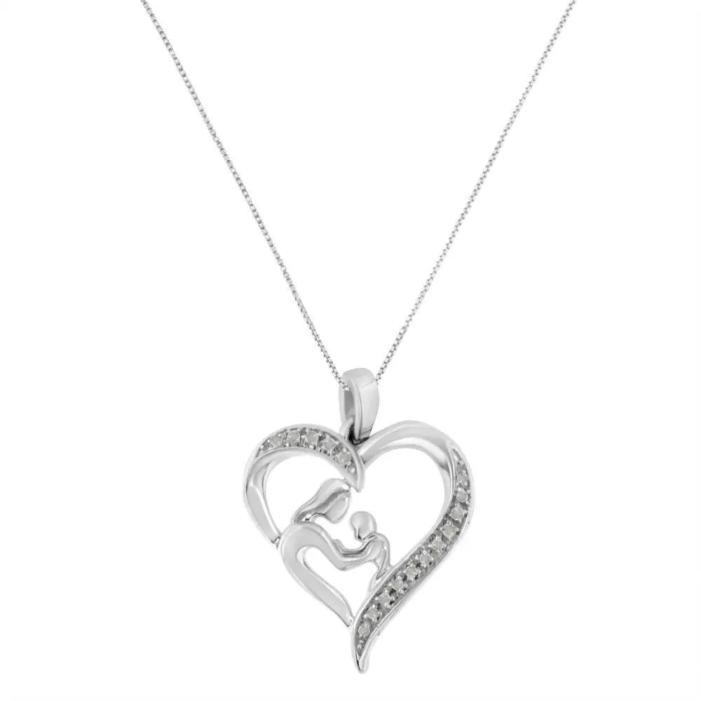 .925 Sterling Silver 1/10 Cttw Diamond Heart and Mother 18’’ Pendant Necklace (i-j Color I3 Clarity) - Fine Jewelry