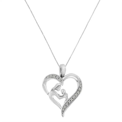 .925 Sterling Silver 1/10 Cttw Diamond Heart and Mother 18’’ Pendant Necklace (i-j Color I3 Clarity) - Fine Jewelry