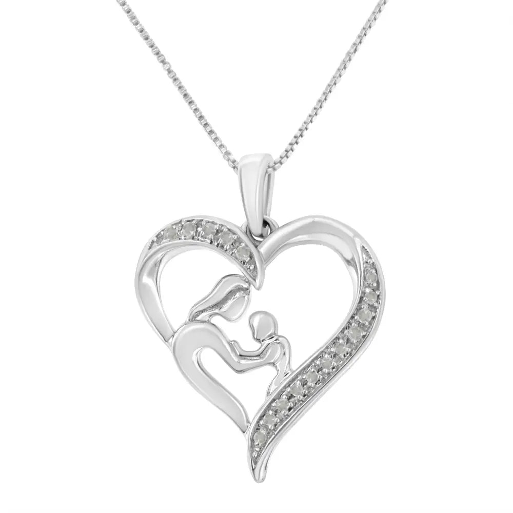 .925 Sterling Silver 1/10 Cttw Diamond Heart and Mother 18’’ Pendant Necklace (i-j Color I3 Clarity) - Fine Jewelry