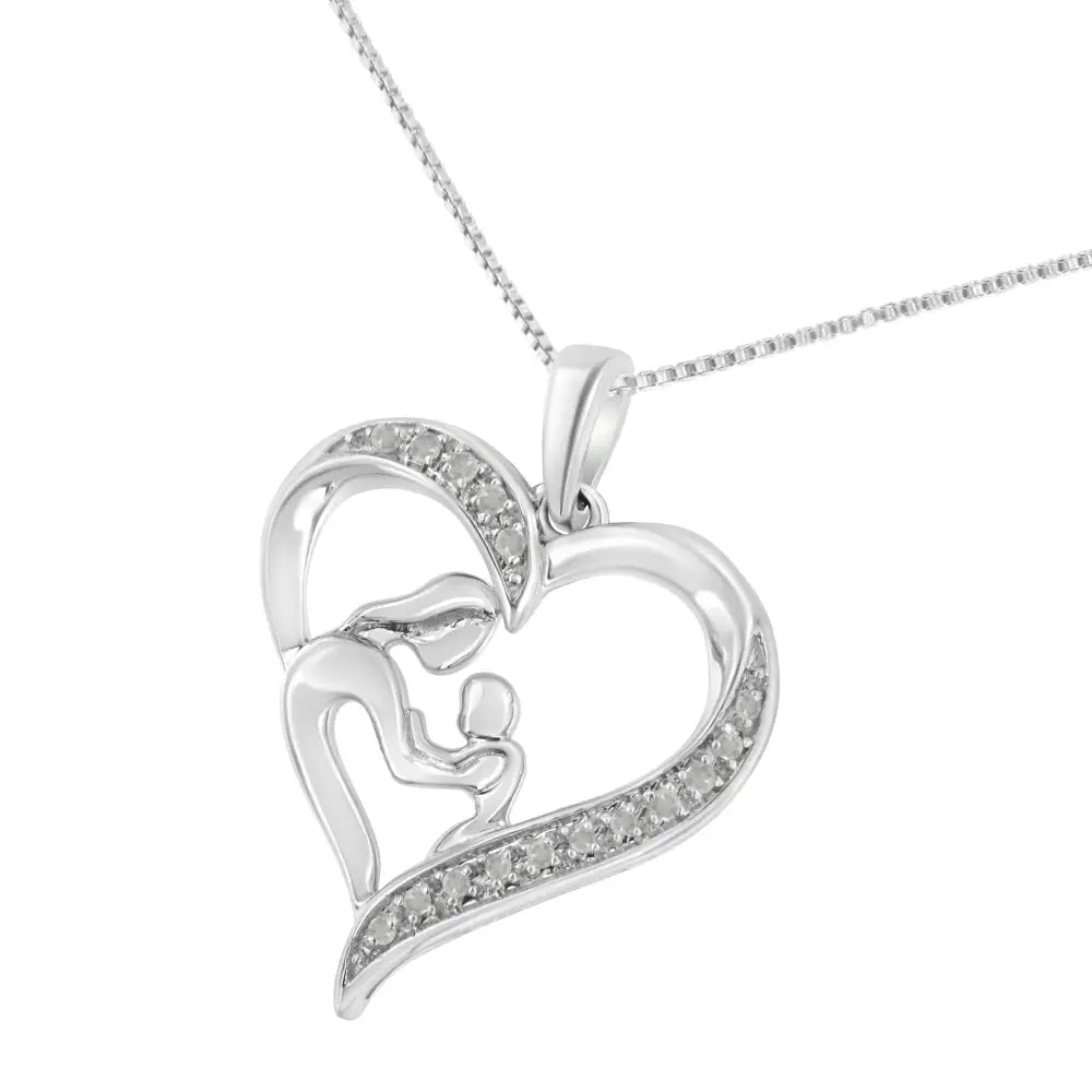 .925 Sterling Silver 1/10 Cttw Diamond Heart and Mother 18’’ Pendant Necklace (i-j Color I3 Clarity) - Fine Jewelry