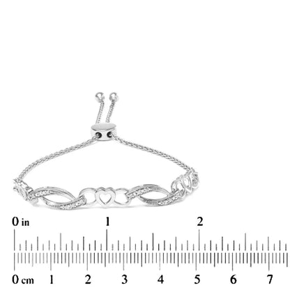 .925 Sterling Silver 1/10 Cttw Diamond Heart Link Adjustable Bolo Bracelet (i-j Color I2-i3 Clarity) - 4 to 10 Inches