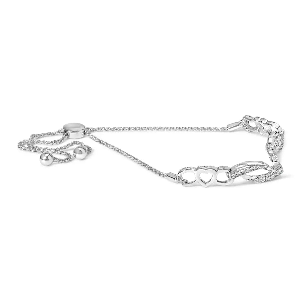 .925 Sterling Silver 1/10 Cttw Diamond Heart Link Adjustable Bolo Bracelet (i-j Color I2-i3 Clarity) - 4 to 10 Inches