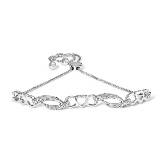 .925 Sterling Silver 1/10 Cttw Diamond Heart Link Adjustable Bolo Bracelet (i-j Color I2-i3 Clarity) - 4 to 10 Inches