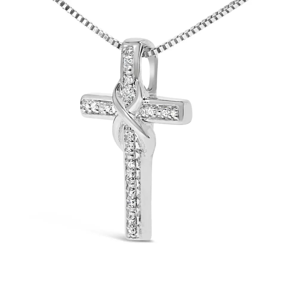 .925 Sterling Silver 1/10 Cttw Diamond Inlaid Cross with Ribbon Pendant Necklace (i-j Color I2-i3 Clarity) - 18’’